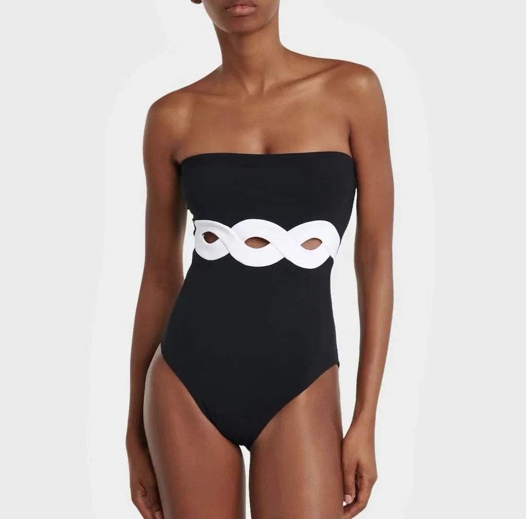 Deep V-Neck Cutout Color Block Swimsuit